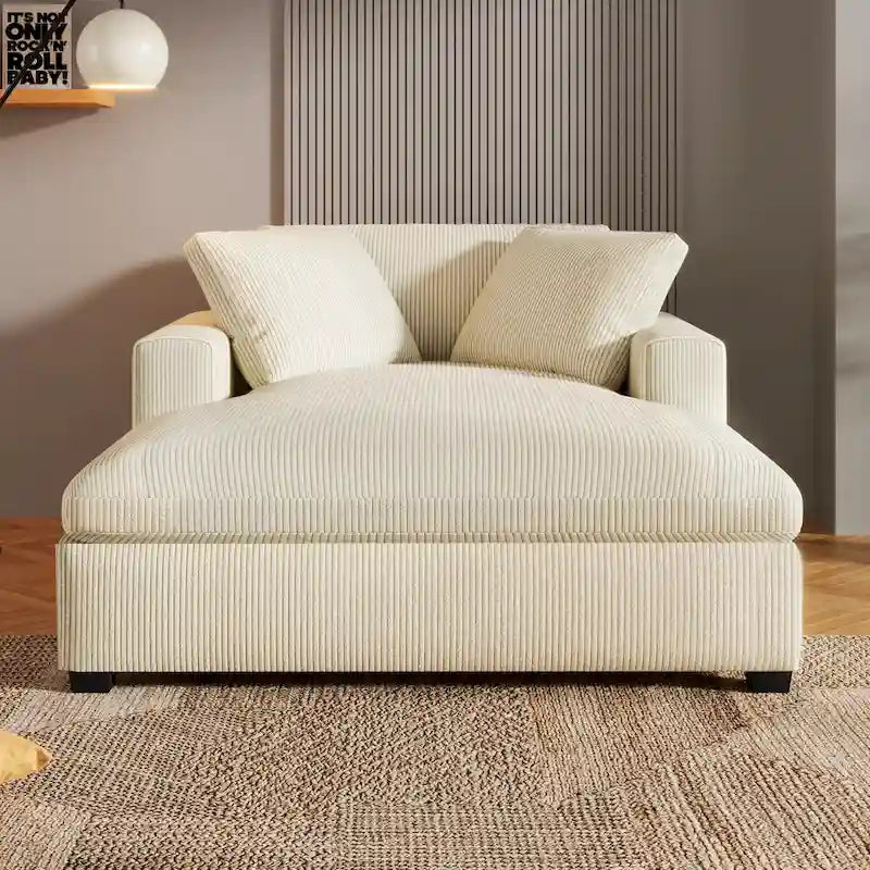Sillón tapizado grande color beige, tela de felpa, con capacidad para 1 o 2 personas.