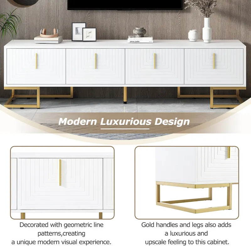 Mueble de TV blanco y dorado, 4 puertas con patrón geométrico, apto para televisores de hasta 80"