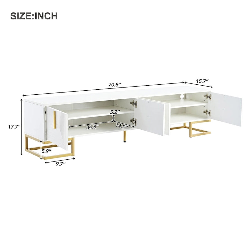 Mueble de TV blanco y dorado, 4 puertas con patrón geométrico, apto para televisores de hasta 80"