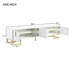 Mueble de TV blanco y dorado, 4 puertas con patrón geométrico, apto para televisores de hasta 80"