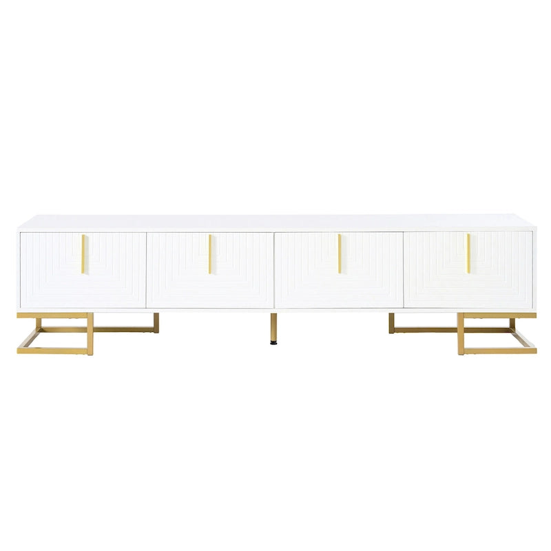 Mueble de TV blanco y dorado, 4 puertas con patrón geométrico, apto para televisores de hasta 80"