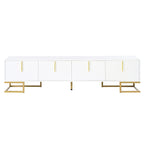 Mueble de TV blanco y dorado, 4 puertas con patrón geométrico, apto para televisores de hasta 80"