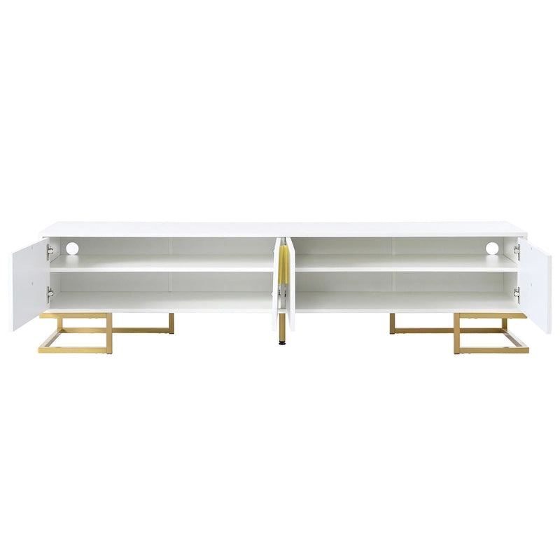 Mueble de TV blanco y dorado, 4 puertas con patrón geométrico, apto para televisores de hasta 80"