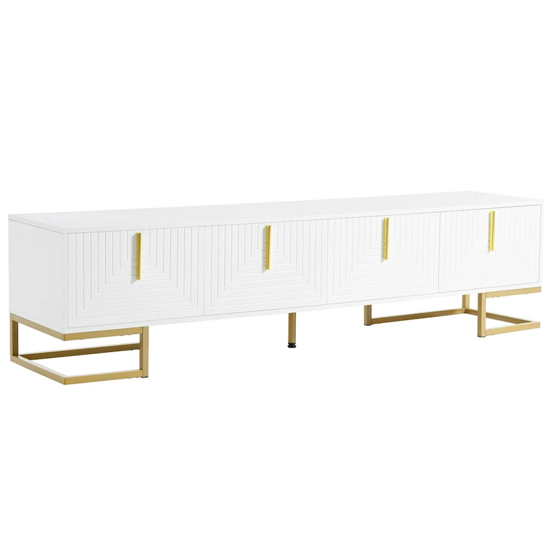 Mueble de TV blanco y dorado, 4 puertas con patrón geométrico, apto para televisores de hasta 80"
