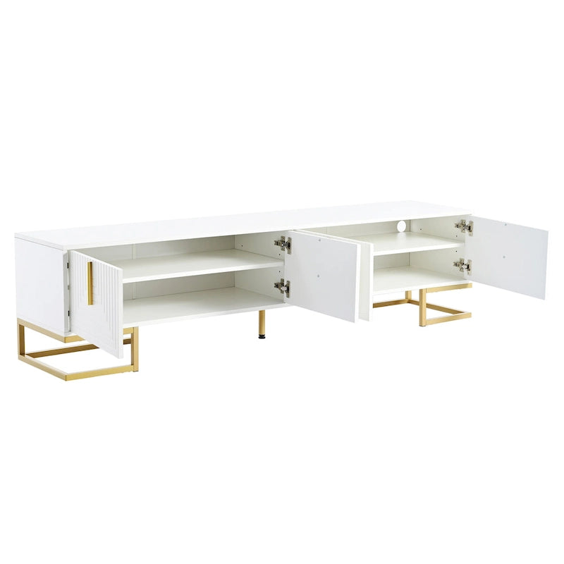Mueble de TV blanco y dorado, 4 puertas con patrón geométrico, apto para televisores de hasta 80"