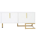 Mueble de TV blanco y dorado, 4 puertas con patrón geométrico, apto para televisores de hasta 80"