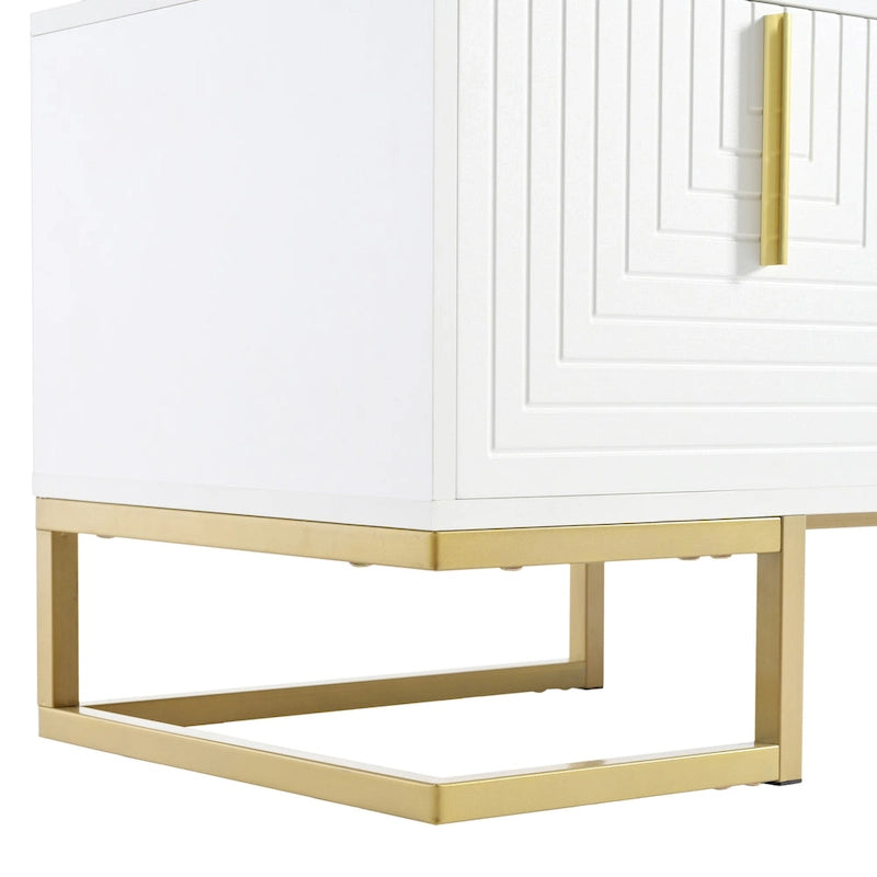 Mueble de TV blanco y dorado, 4 puertas con patrón geométrico, apto para televisores de hasta 80"