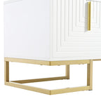 Mueble de TV blanco y dorado, 4 puertas con patrón geométrico, apto para televisores de hasta 80"