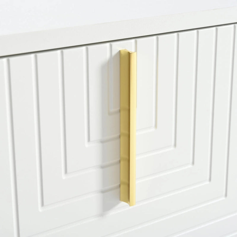 Mueble de TV blanco y dorado, 4 puertas con patrón geométrico, apto para televisores de hasta 80"
