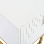 Mueble de TV blanco y dorado, 4 puertas con patrón geométrico, apto para televisores de hasta 80"