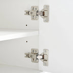 Mueble de TV blanco y dorado, 4 puertas con patrón geométrico, apto para televisores de hasta 80"