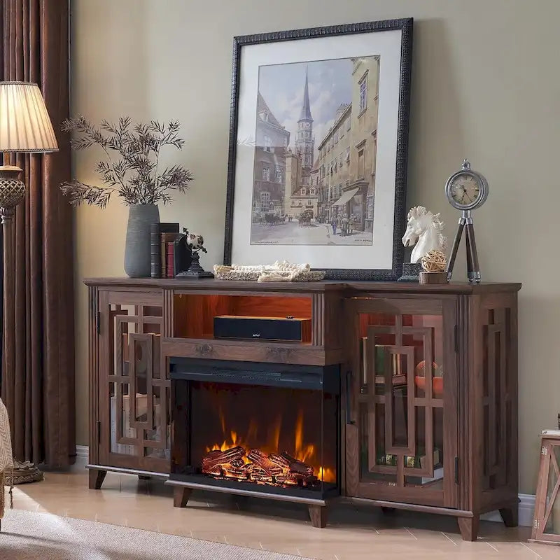 Mueble de TV estilo granja negro/marrón/blanco con chimenea, para televisores de hasta 75", montaje entre 2 personas