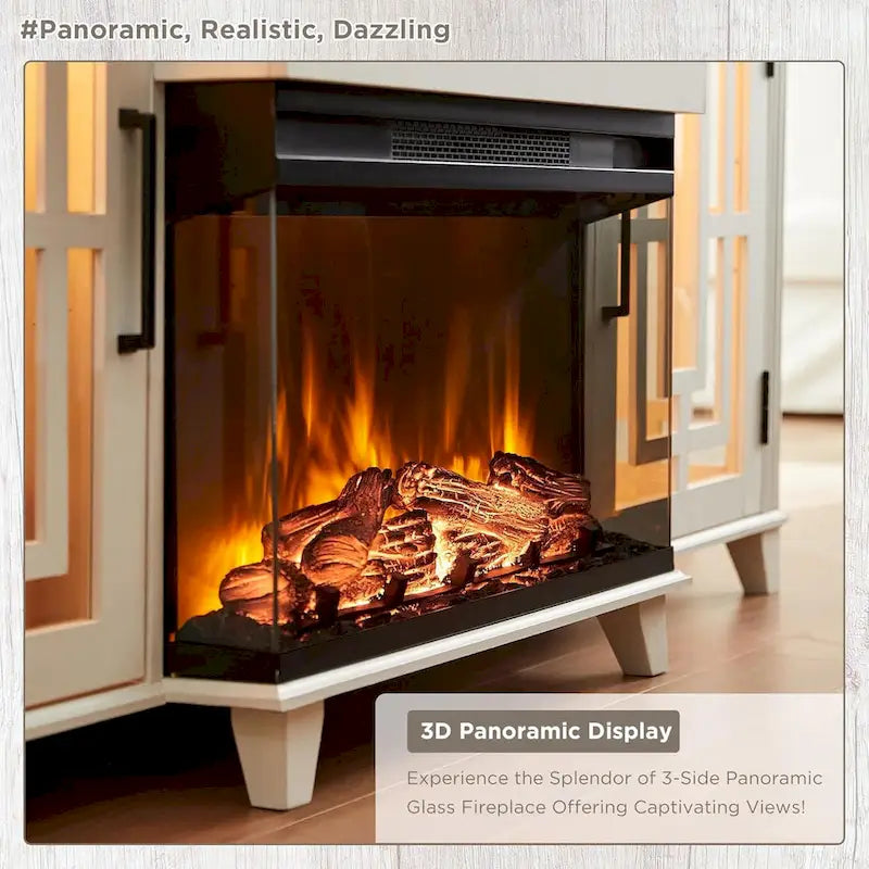 Mueble de TV estilo granja negro/marrón/blanco con chimenea, para televisores de hasta 75", montaje entre 2 personas