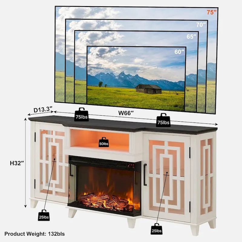 Mueble de TV estilo granja negro/marrón/blanco con chimenea, para televisores de hasta 75", montaje entre 2 personas