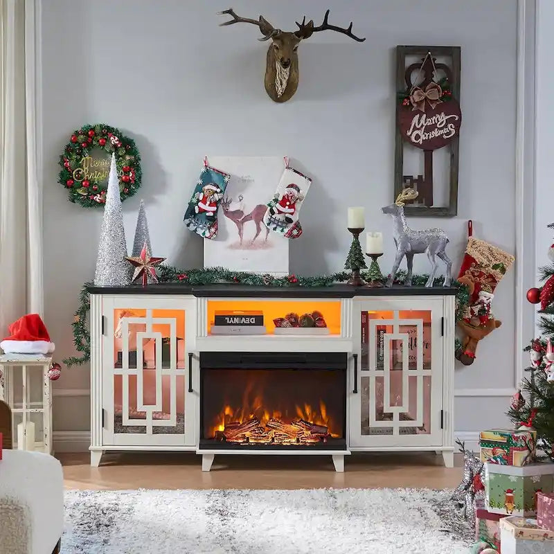 Mueble de TV estilo granja negro/marrón/blanco con chimenea, para televisores de hasta 75", montaje entre 2 personas