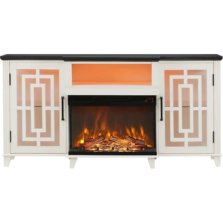 Mueble de TV estilo granja negro/marrón/blanco con chimenea, para televisores de hasta 75", montaje entre 2 personas