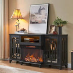 Mueble de TV estilo granja negro/marrón/blanco con chimenea, para televisores de hasta 75", montaje entre 2 personas