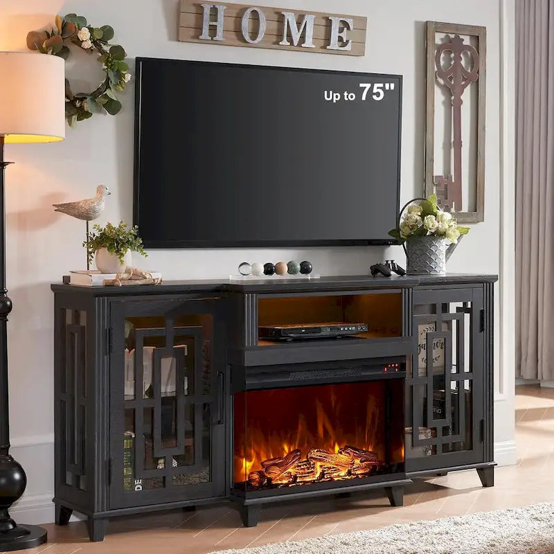 Mueble de TV estilo granja negro/marrón/blanco con chimenea, para televisores de hasta 75", montaje entre 2 personas