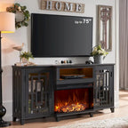 Mueble de TV estilo granja negro/marrón/blanco con chimenea, para televisores de hasta 75", montaje entre 2 personas
