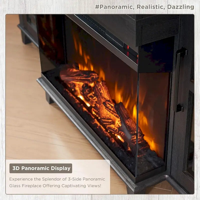Mueble de TV estilo granja negro/marrón/blanco con chimenea, para televisores de hasta 75", montaje entre 2 personas