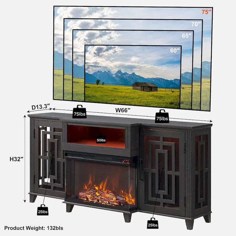 Mueble de TV estilo granja negro/marrón/blanco con chimenea, para televisores de hasta 75", montaje entre 2 personas