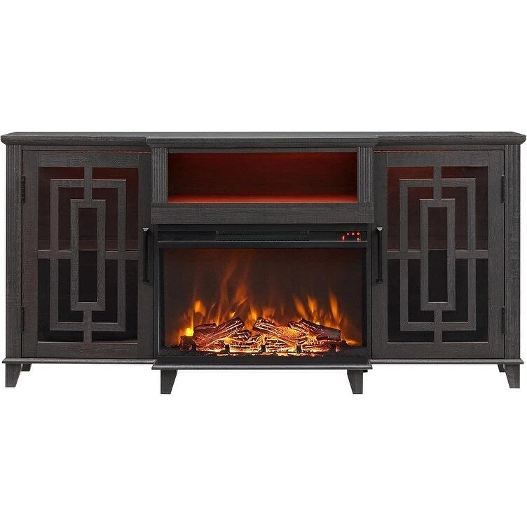 Mueble de TV estilo granja negro/marrón/blanco con chimenea, para televisores de hasta 75", montaje entre 2 personas