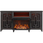 Mueble de TV estilo granja negro/marrón/blanco con chimenea, para televisores de hasta 75", montaje entre 2 personas