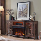 Mueble de TV estilo granja negro/marrón/blanco con chimenea, para televisores de hasta 75", montaje entre 2 personas