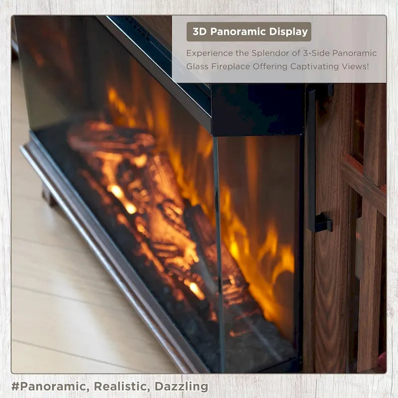 Mueble de TV estilo granja negro/marrón/blanco con chimenea, para televisores de hasta 75", montaje entre 2 personas