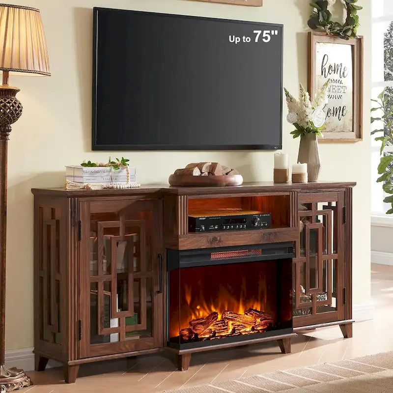 Mueble de TV estilo granja negro/marrón/blanco con chimenea, para televisores de hasta 75", montaje entre 2 personas