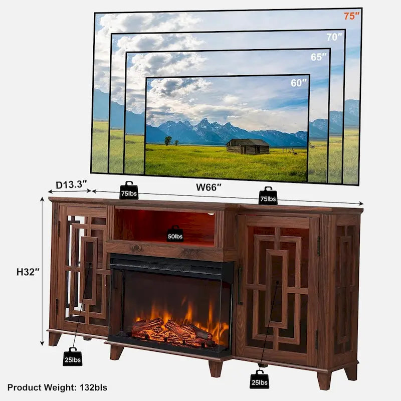 Mueble de TV estilo granja negro/marrón/blanco con chimenea, para televisores de hasta 75", montaje entre 2 personas