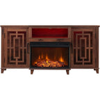 Mueble de TV estilo granja negro/marrón/blanco con chimenea, para televisores de hasta 75", montaje entre 2 personas