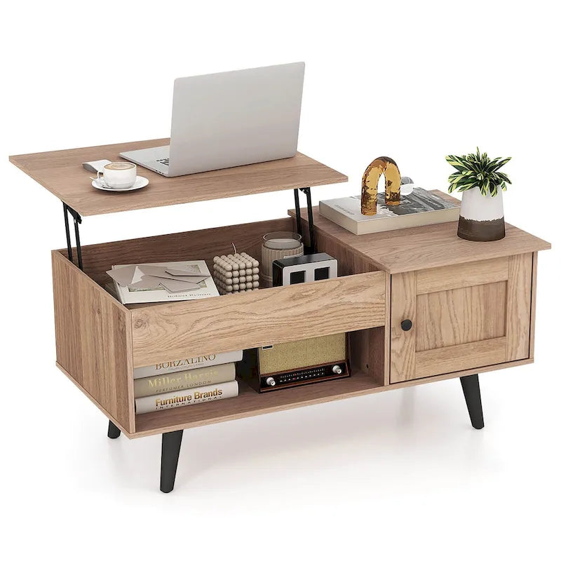 Mesa de centro elevable con almacenamiento, color natural/marrón – 1 persona
