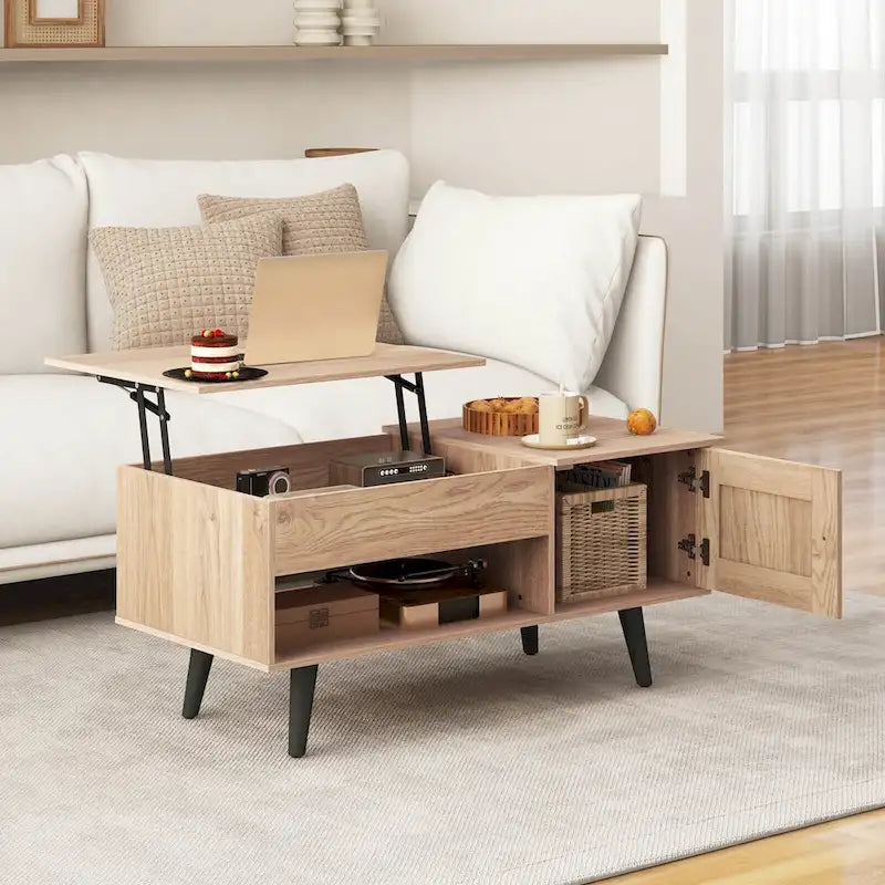 Mesa de centro elevable con almacenamiento, color natural/marrón – 1 persona