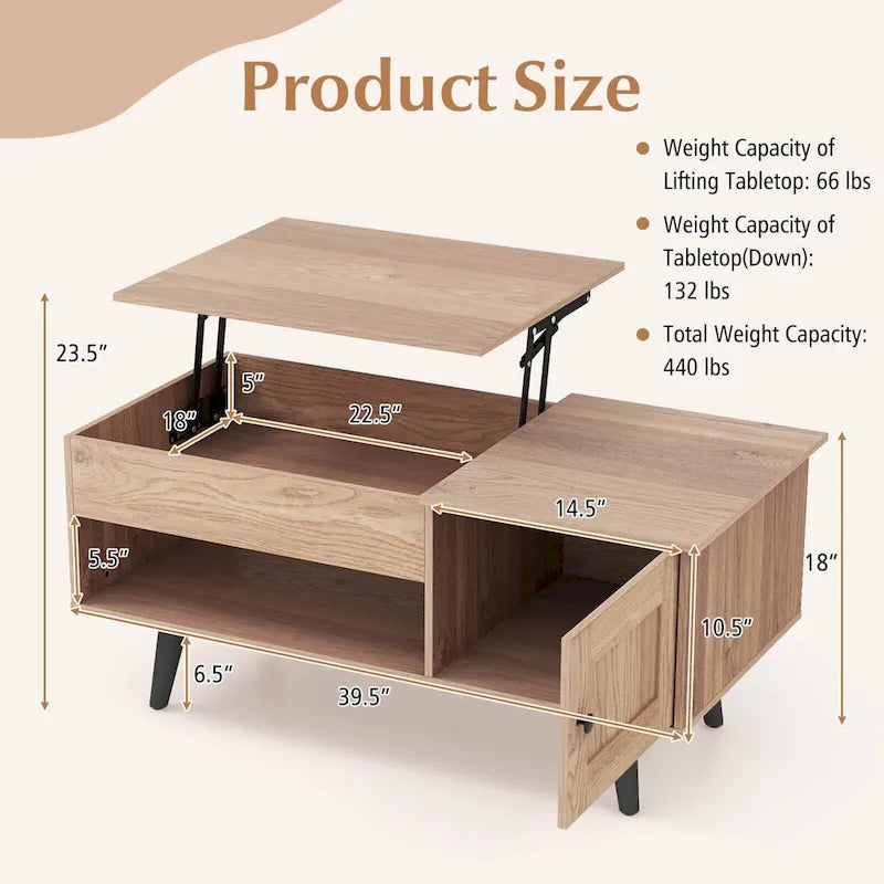 Mesa de centro elevable con almacenamiento, color natural/marrón – 1 persona