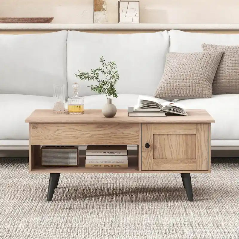 Mesa de centro elevable con almacenamiento, color natural/marrón – 1 persona