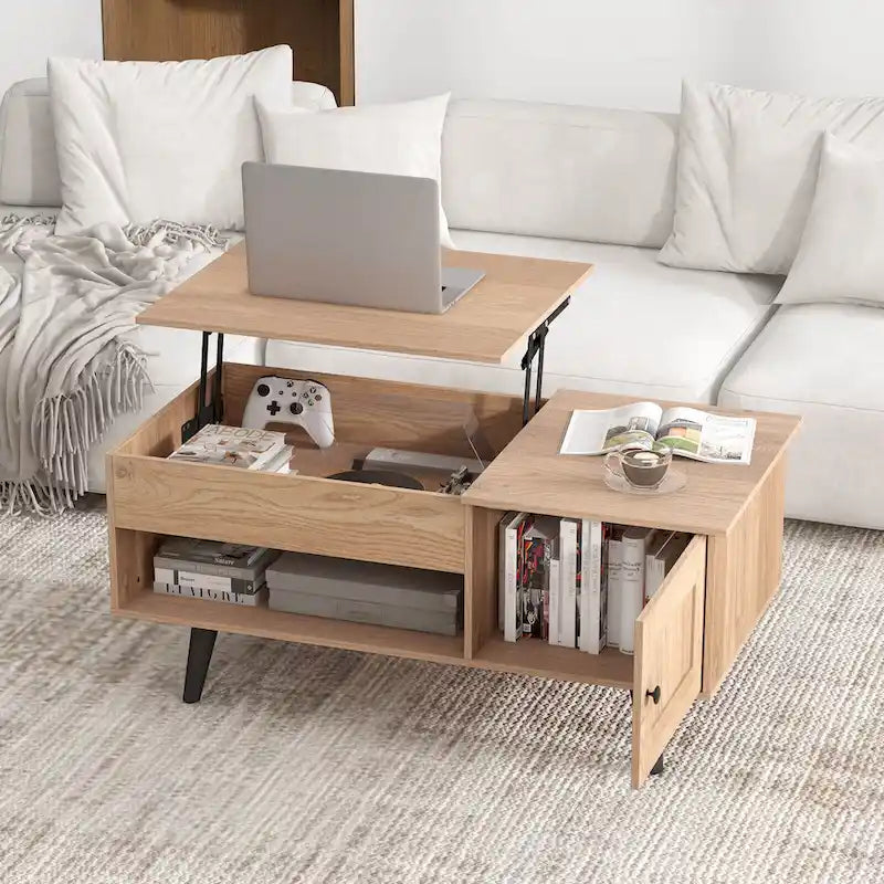 Mesa de centro elevable con almacenamiento, color natural/marrón – 1 persona