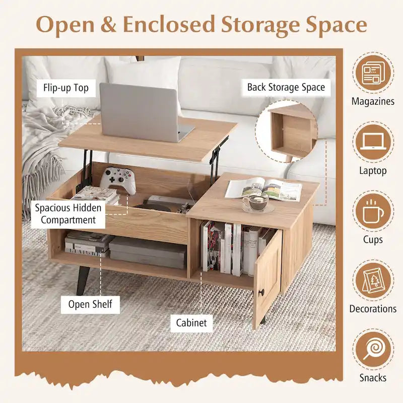 Mesa de centro elevable con almacenamiento, color natural/marrón – 1 persona