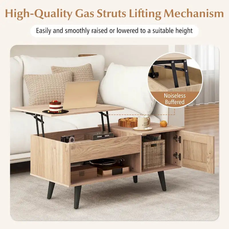 Mesa de centro elevable con almacenamiento, color natural/marrón – 1 persona
