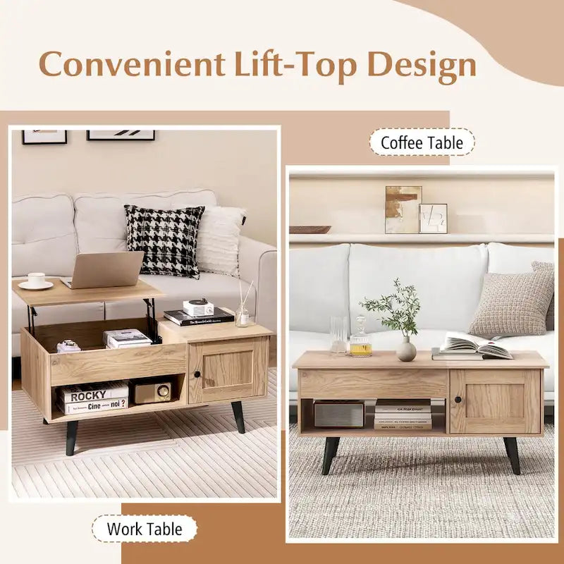 Mesa de centro elevable con almacenamiento, color natural/marrón – 1 persona