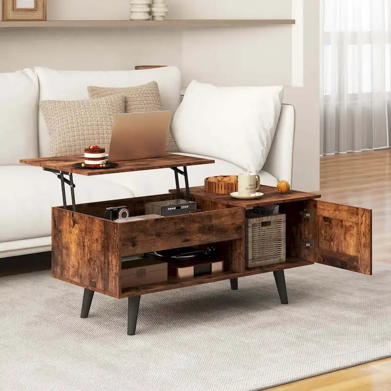 Mesa de centro elevable con almacenamiento, color natural/marrón – 1 persona