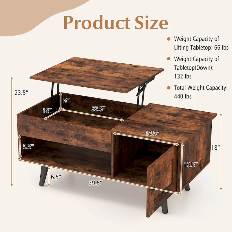 Mesa de centro elevable con almacenamiento, color natural/marrón – 1 persona