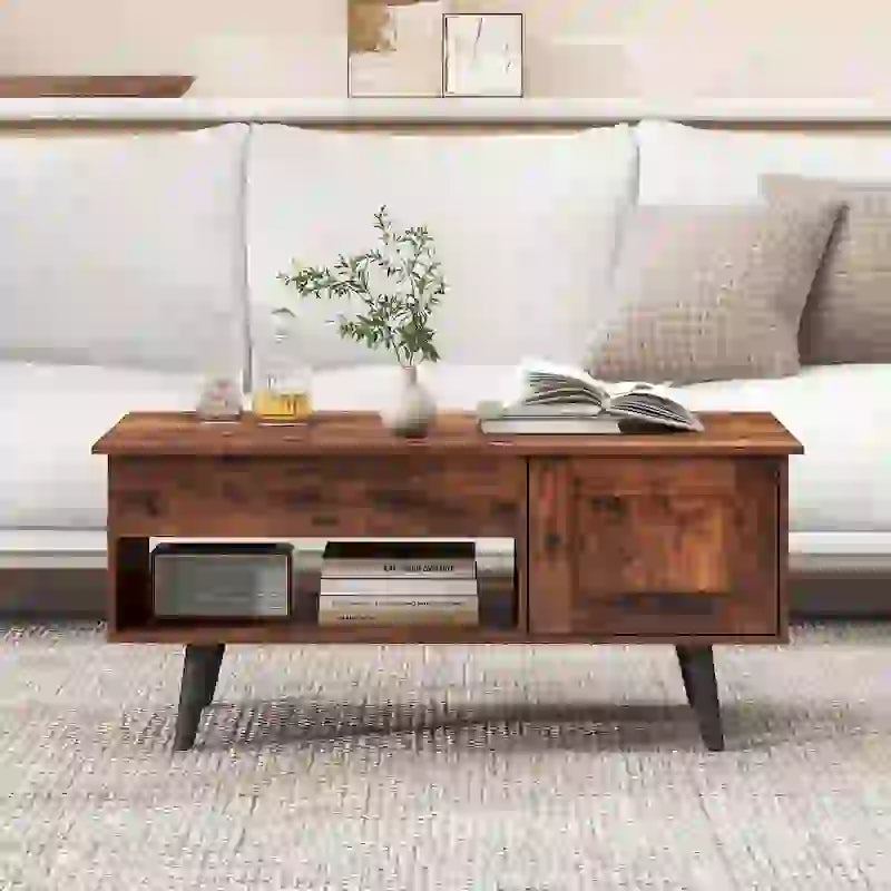 Mesa de centro elevable con almacenamiento, color natural/marrón – 1 persona