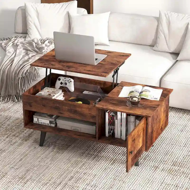 Mesa de centro elevable con almacenamiento, color natural/marrón – 1 persona