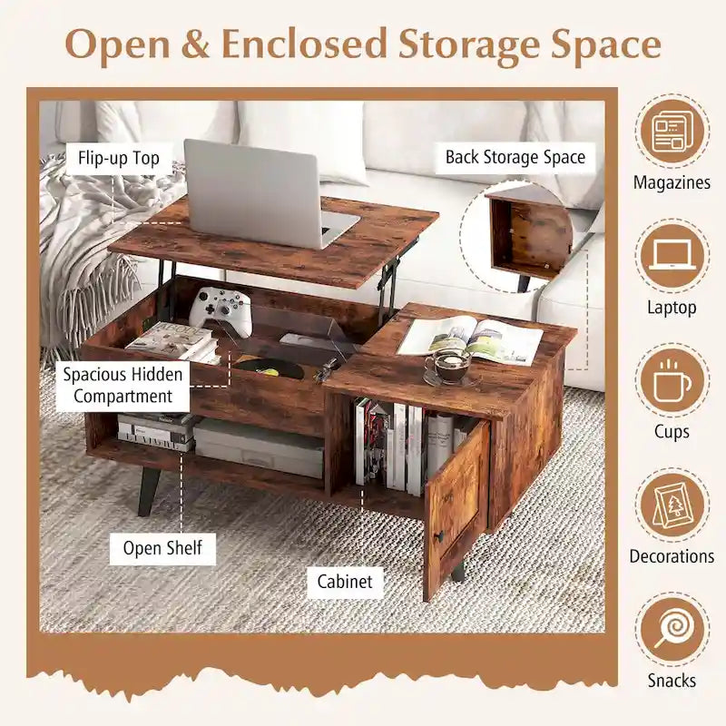 Mesa de centro elevable con almacenamiento, color natural/marrón – 1 persona