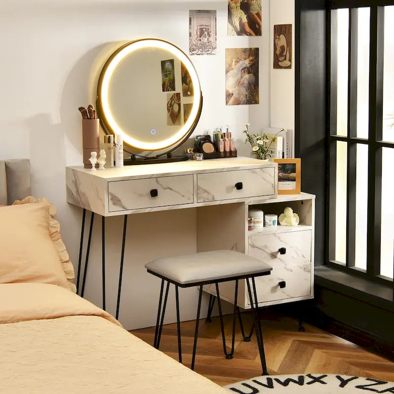 Juego de tocador marrón/negro/blanco con espejo LED y taburete acolchado, 1 persona