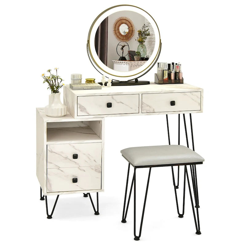 Juego de tocador marrón/negro/blanco con espejo LED y taburete acolchado, 1 persona
