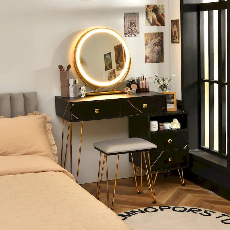 Juego de tocador marrón/negro/blanco con espejo LED y taburete acolchado, 1 persona