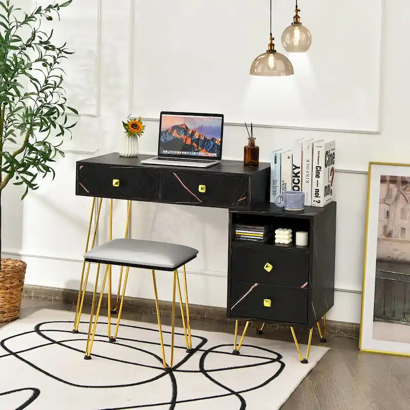 Juego de tocador marrón/negro/blanco con espejo LED y taburete acolchado, 1 persona