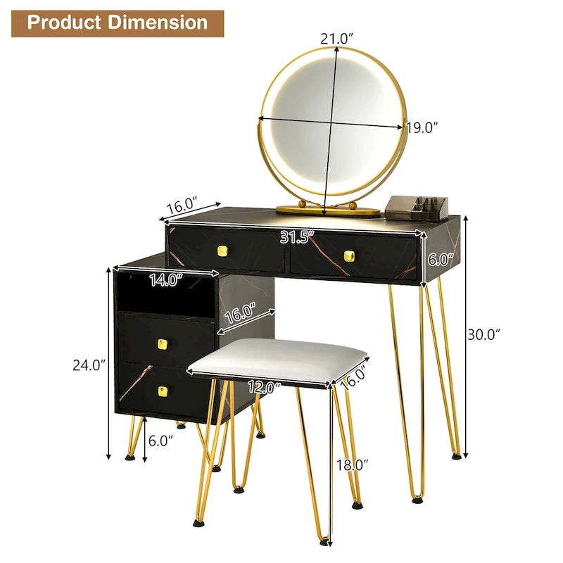 Juego de tocador marrón/negro/blanco con espejo LED y taburete acolchado, 1 persona